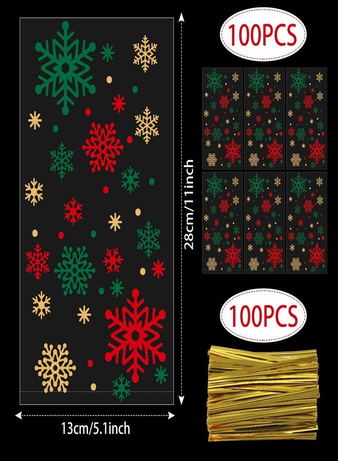 Resholder 100 Counts 28 x 13 cm Xmas Flat Clear Cellophane Treat Bags Block Bottom Storage Bags with 100 Pieces Twist Ties For Christmas Party Favor(Red Green Gold,Snowflake) - Image 2